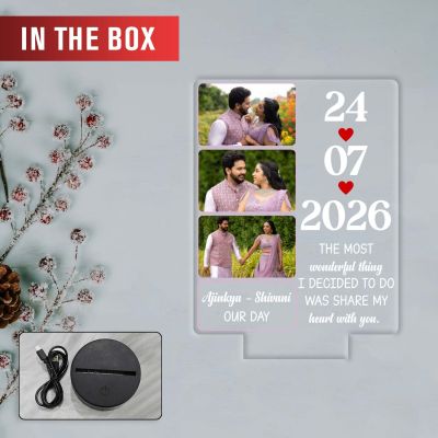 Personalized Couple Photo Lamp Customized with 3 Photos, Names & Special Date Unique Wedding or Engagement Gift for Couples Romantic Warm White Light Home Decor